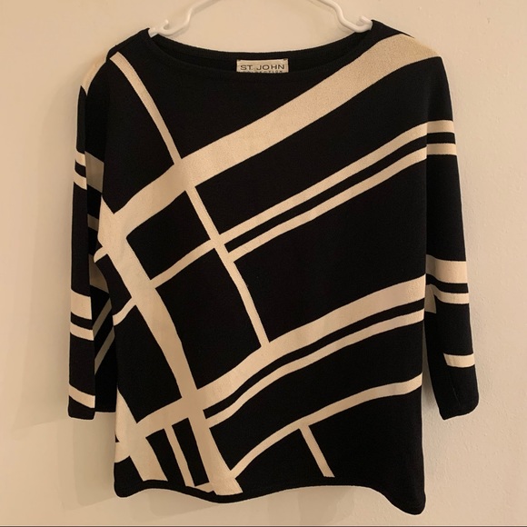 St. John Collection Black and Cream Geometric Light Weight Knit Top - Picture 1 of 6